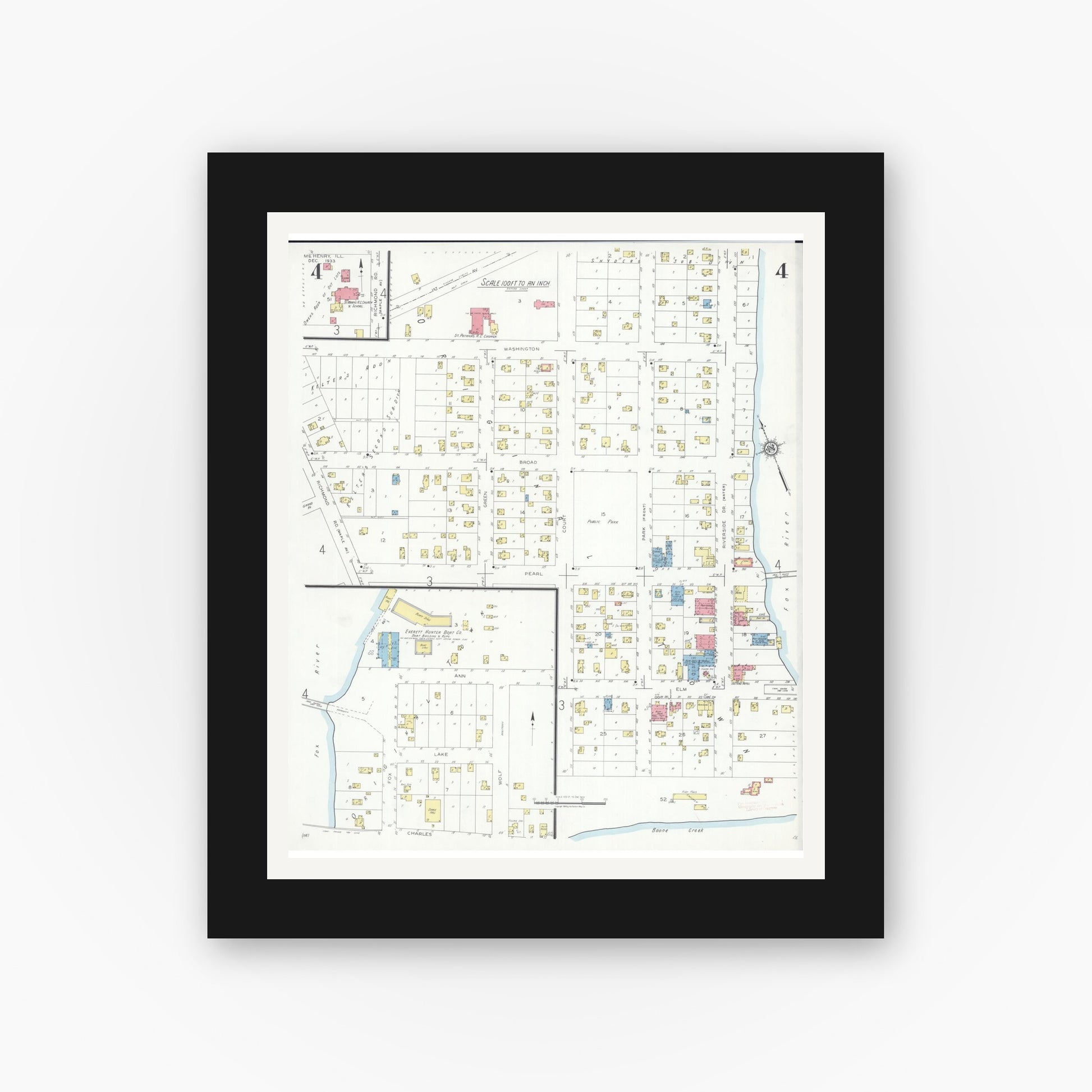 Old map wall art mockup — black gallery frame with white mat — Sanborn Fire Insurance Map from McHenry, McHenry County, Illinois (1933), Sheet #0004