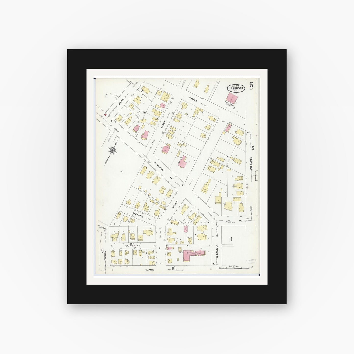 Old map wall art mockup — black gallery frame with white mat — Sanborn Fire Insurance Map from Freeport, Stephenson County, Illinois (1910), Sheet #0005