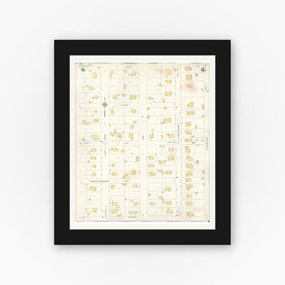 Old map wall art mockup — black gallery frame with white mat — Sanborn Fire Insurance Map from Harrisonville, Cass County, Missouri (1939), Sheet #0006