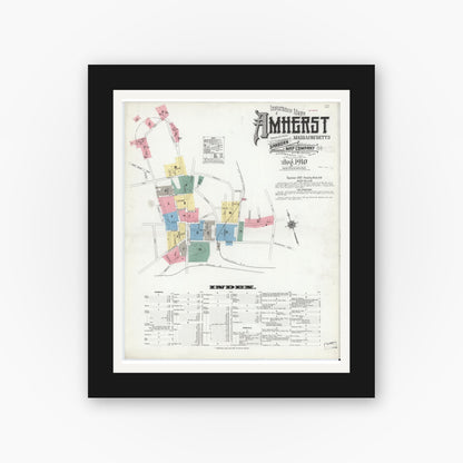 Old map wall art mockup — black gallery frame with white mat — Sanborn Fire Insurance Map from Amherst, Hampshire County, Massachusetts (1910), Sheet #0001