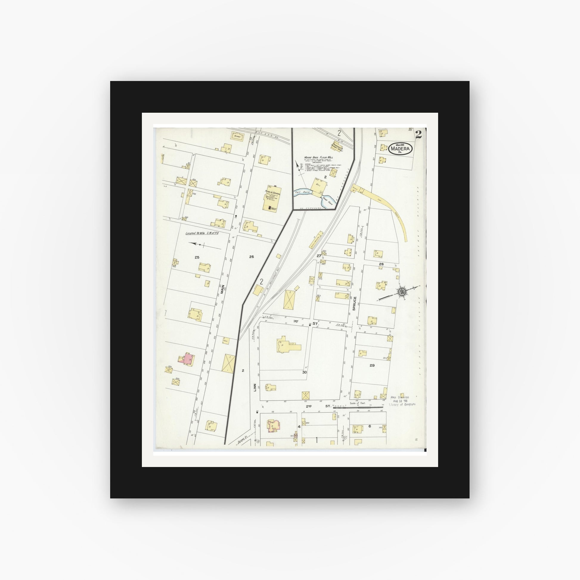 Old map wall art mockup — black gallery frame with white mat — Sanborn Fire Insurance Map from Madera, Clearfield County, Pennsylvania (1910), Sheet #0002