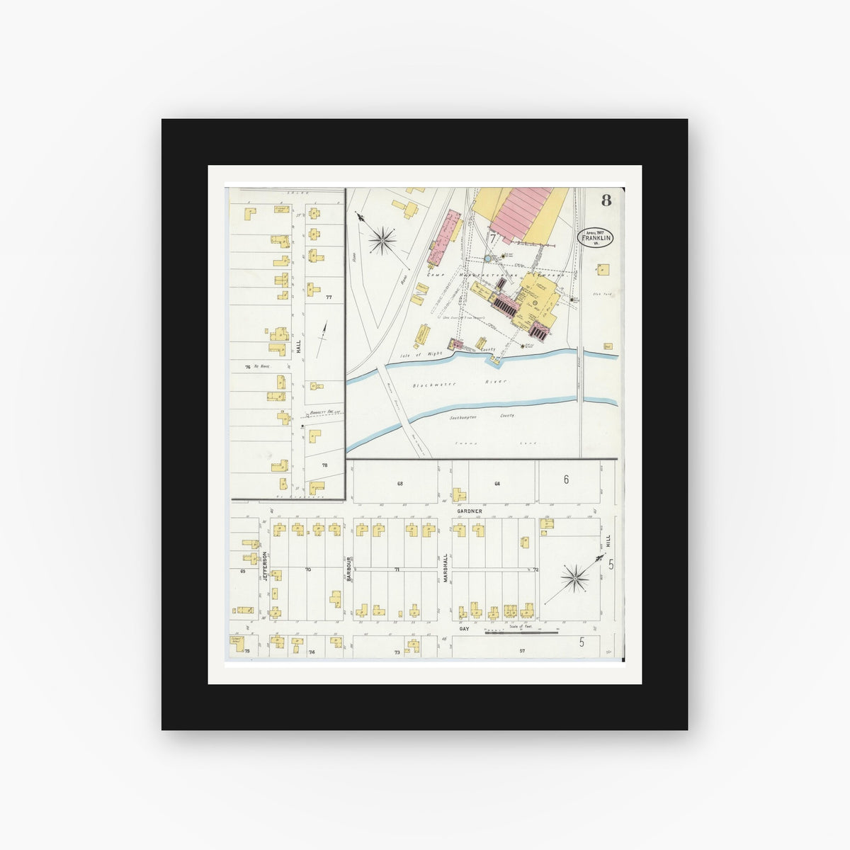 Old map wall art mockup — black gallery frame with white mat — Sanborn Fire Insurance Map from Franklin, Independent Cities, Virginia (1907), Sheet #0008