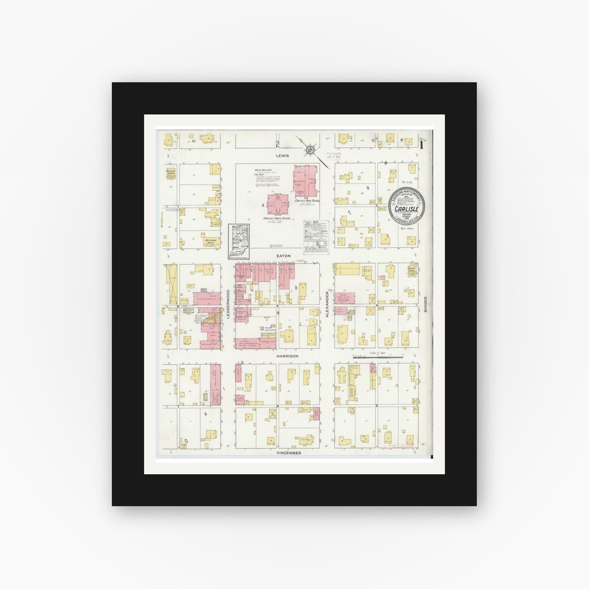 Old map wall art mockup — black gallery frame with white mat — Sanborn Fire Insurance Map from Carlisle, Sullivan County, Indiana (1915) - Complete Map Set