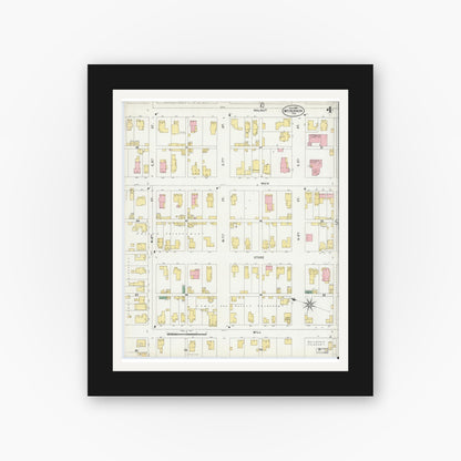 Old map wall art mockup — black gallery frame with white mat — Sanborn Fire Insurance Map from Mount Vernon, Posey County, Indiana (1899), Sheet #0004