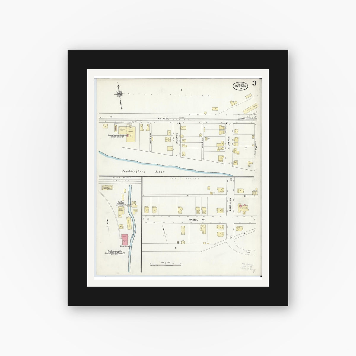 Old map wall art mockup — black gallery frame with white mat — Sanborn Fire Insurance Map from Dawson, Fayette County, Pennsylvania (1910), Sheet #0003