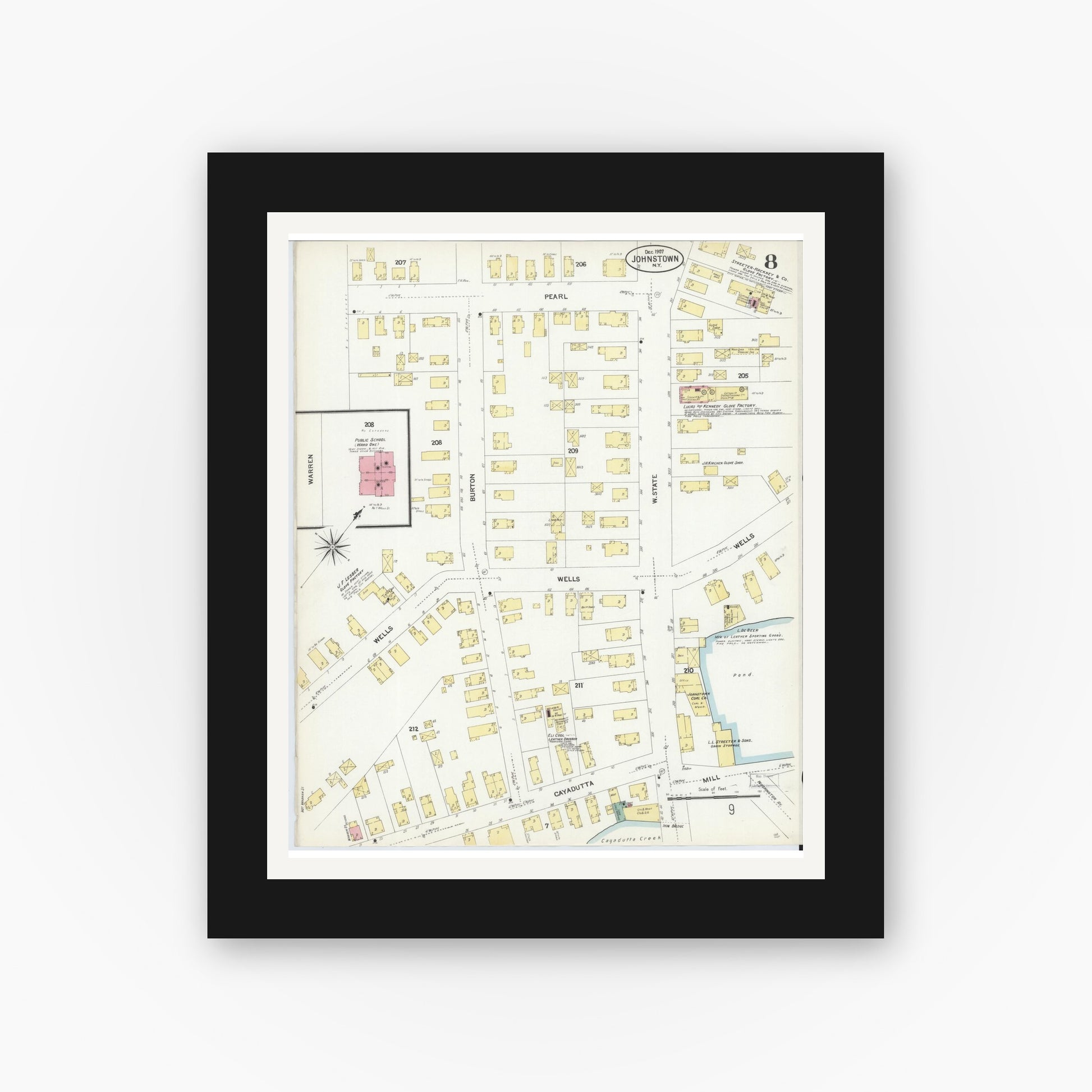 Old map wall art mockup — black gallery frame with white mat — Sanborn Fire Insurance Map from Johnstown, Fulton County, New York (1907), Sheet #0008