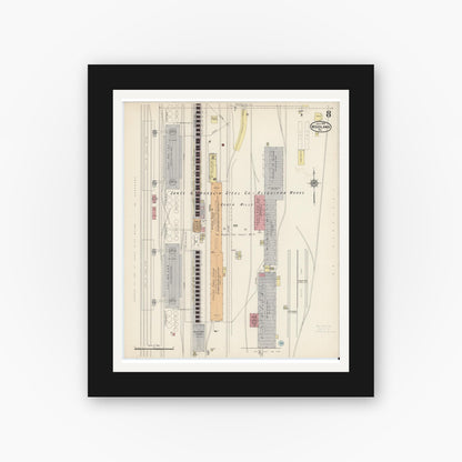 Old map wall art mockup — black gallery frame with white mat — Sanborn Fire Insurance Map from Woodlawn, Beaver County, Pennsylvania (1915), Sheet #0008