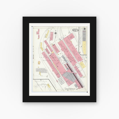 Old map wall art mockup — black gallery frame with white mat — Sanborn Fire Insurance Map from Barberton, Summit County, Ohio (1916), Sheet #0018