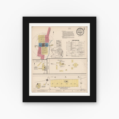 Old map wall art mockup — black gallery frame with white mat — Sanborn Fire Insurance Map from Shiner, Lavaca County, Texas (1922), Sheet #0001