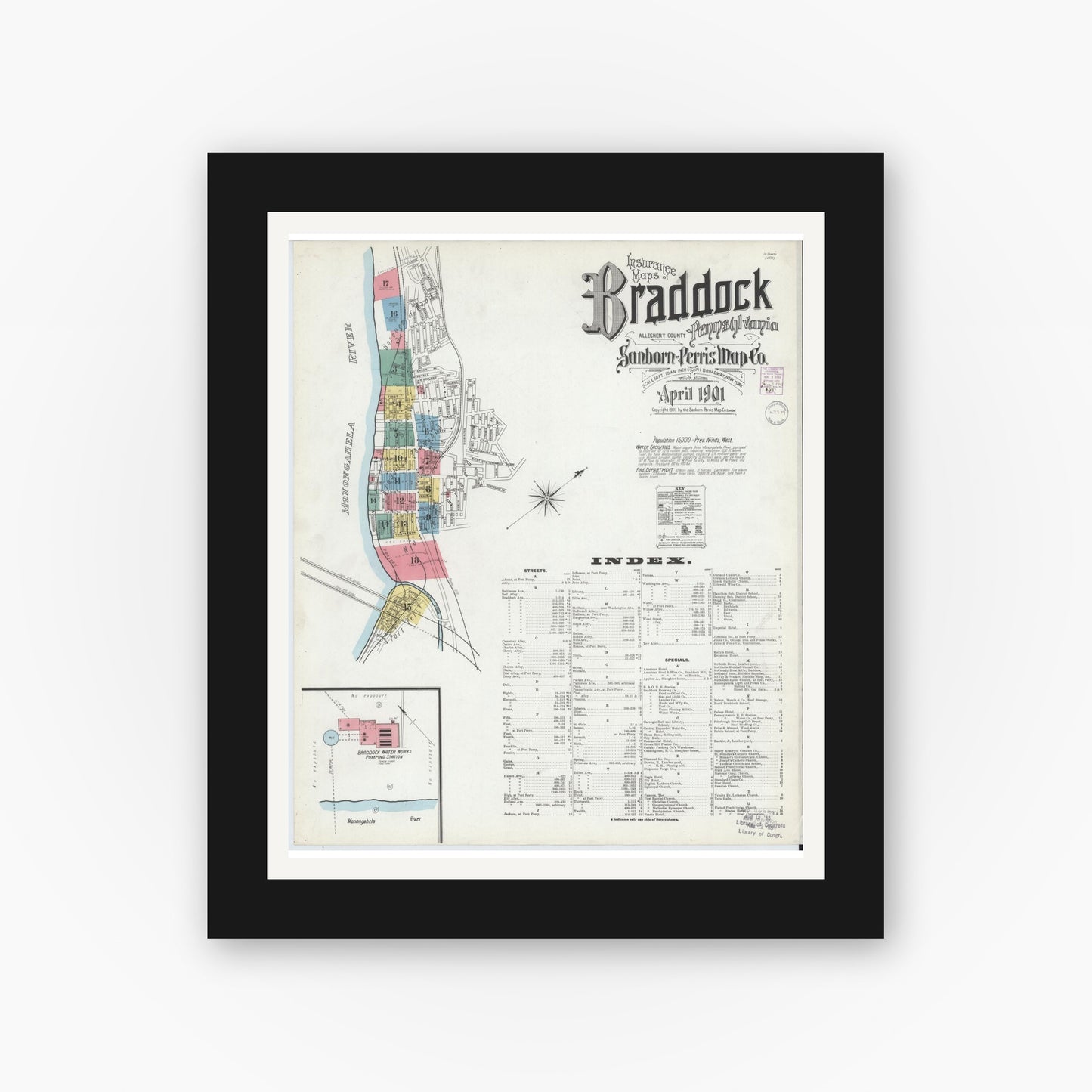 Old map wall art mockup — black gallery frame with white mat — Sanborn Fire Insurance Map from Braddock, Allegheny County, Pennsylvania (1901) - Complete Map Set