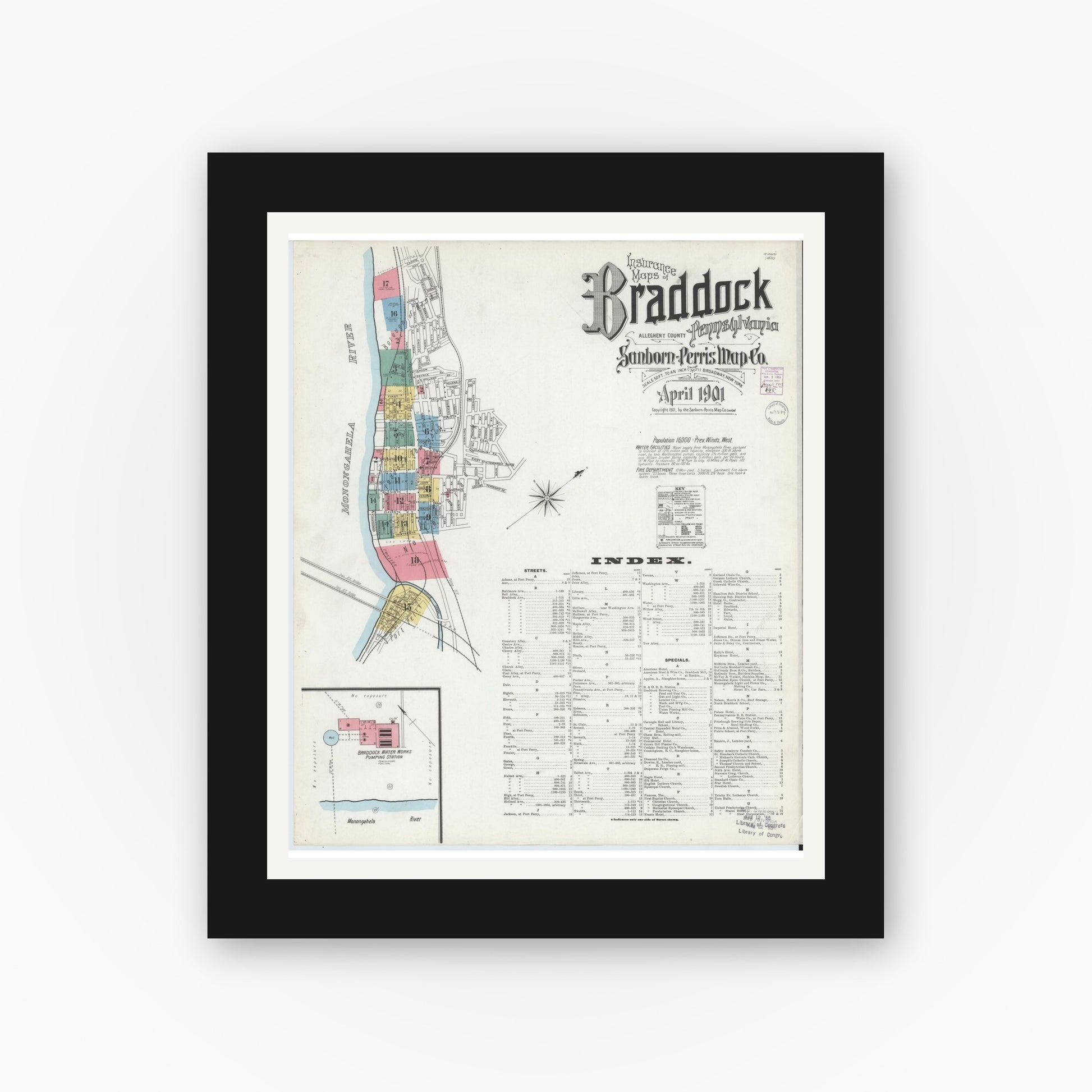 Old map wall art mockup — black gallery frame with white mat — Sanborn Fire Insurance Map from Braddock, Allegheny County, Pennsylvania (1901) - Complete Map Set