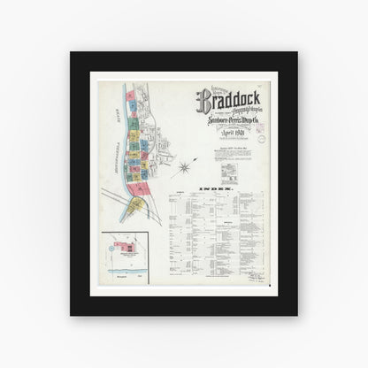 Old map wall art mockup — black gallery frame with white mat — Sanborn Fire Insurance Map from Braddock, Allegheny County, Pennsylvania (1901) - Complete Map Set