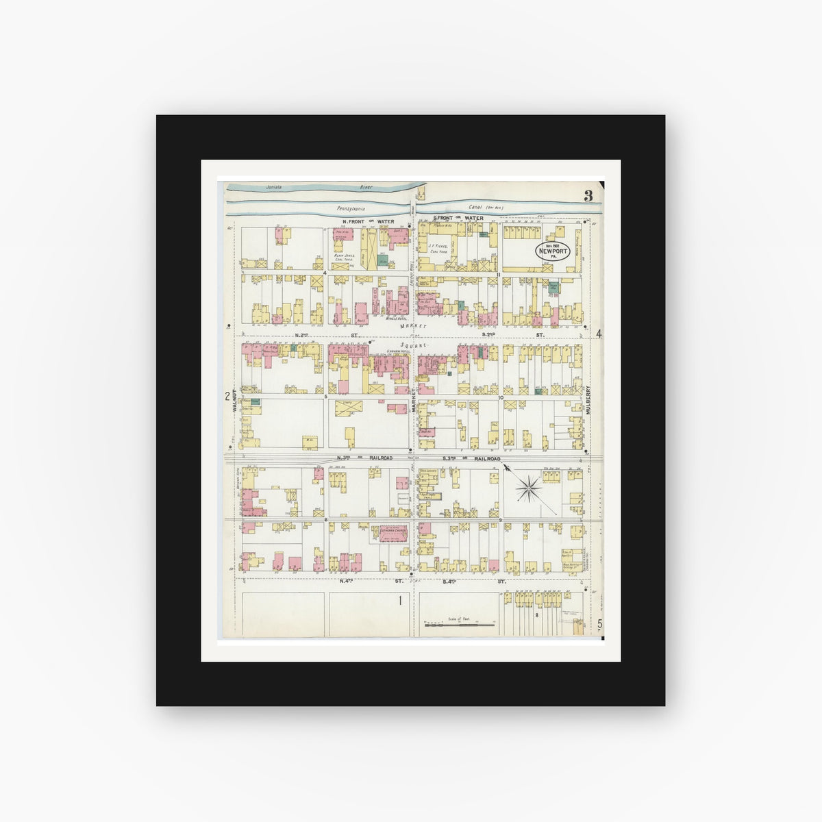 Old map wall art mockup — black gallery frame with white mat — Sanborn Fire Insurance Map from Newport, Perry County, Pennsylvania (1902), Sheet #0003