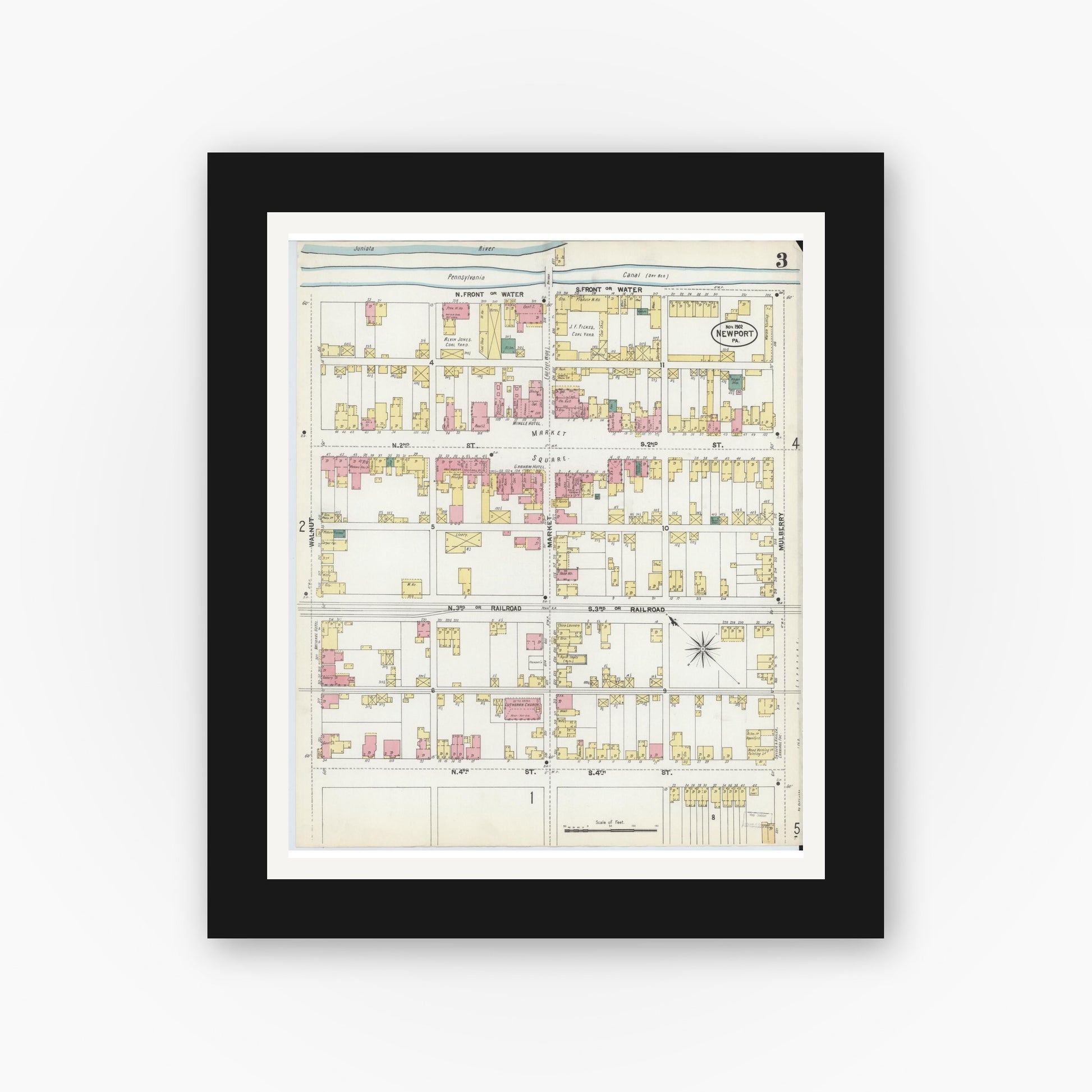 Old map wall art mockup — black gallery frame with white mat — Sanborn Fire Insurance Map from Newport, Perry County, Pennsylvania (1902), Sheet #0003