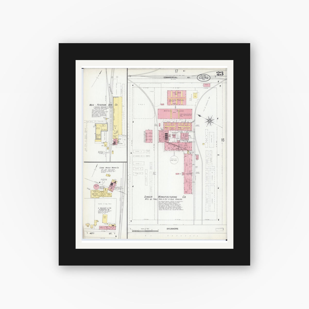 Old map wall art mockup — black gallery frame with white mat — Sanborn Fire Insurance Map from Cairo, Alexander County, Illinois (1901), Sheet #0023
