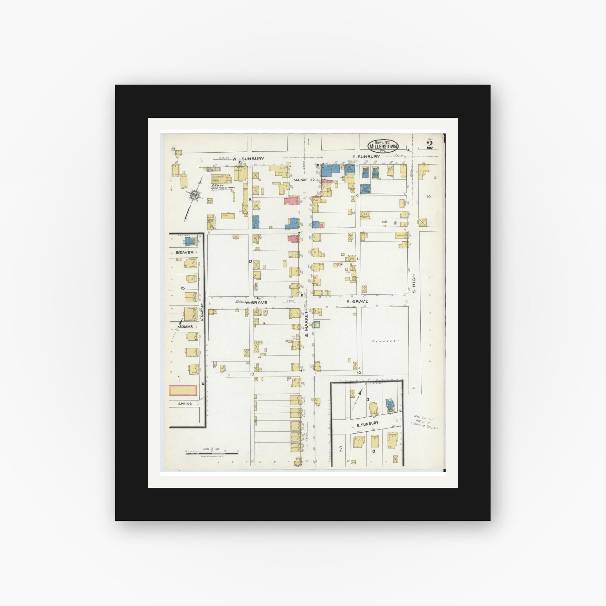 Old map wall art mockup — black gallery frame with white mat — Sanborn Fire Insurance Map from Millerstown, Perry County, Pennsylvania (1921), Sheet #0002