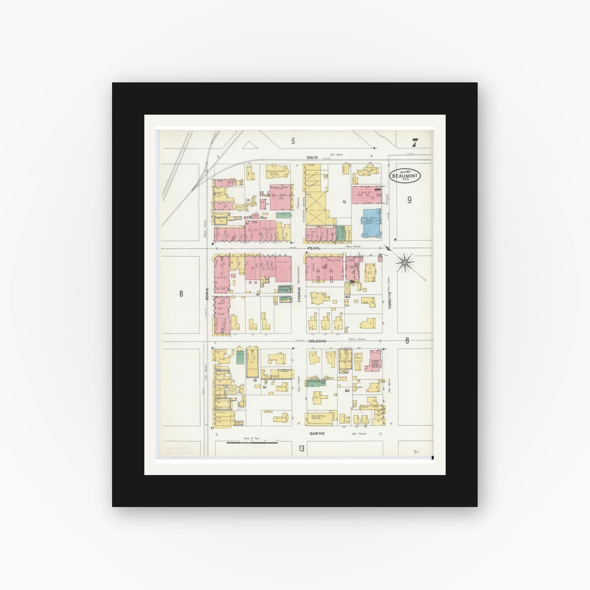 Old map wall art mockup — black gallery frame with white mat — Sanborn Fire Insurance Map from Beaumont, Jefferson County, Texas (1904), Sheet #0007