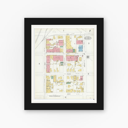 Old map wall art mockup — black gallery frame with white mat — Sanborn Fire Insurance Map from Beaumont, Jefferson County, Texas (1904), Sheet #0007