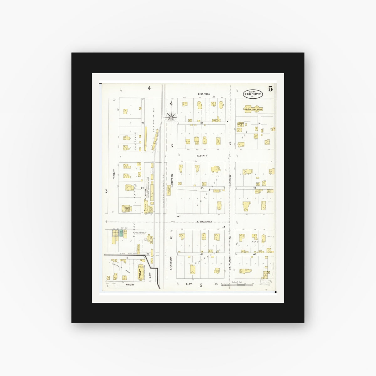 Old map wall art mockup — black gallery frame with white mat — Sanborn Fire Insurance Map from Eagle Grove, Wright County, Iowa (1906), Sheet #0005