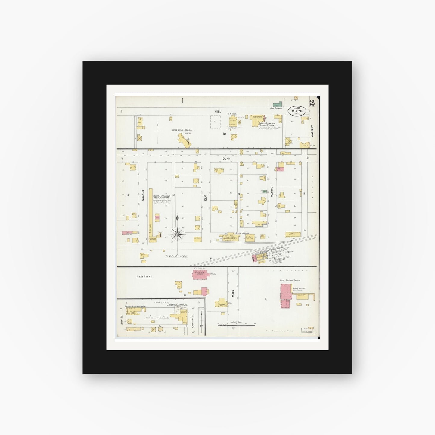 Old map wall art mockup — black gallery frame with white mat — Sanborn Fire Insurance Map from Hope, Bartholomew County, Indiana (1901), Sheet #0002