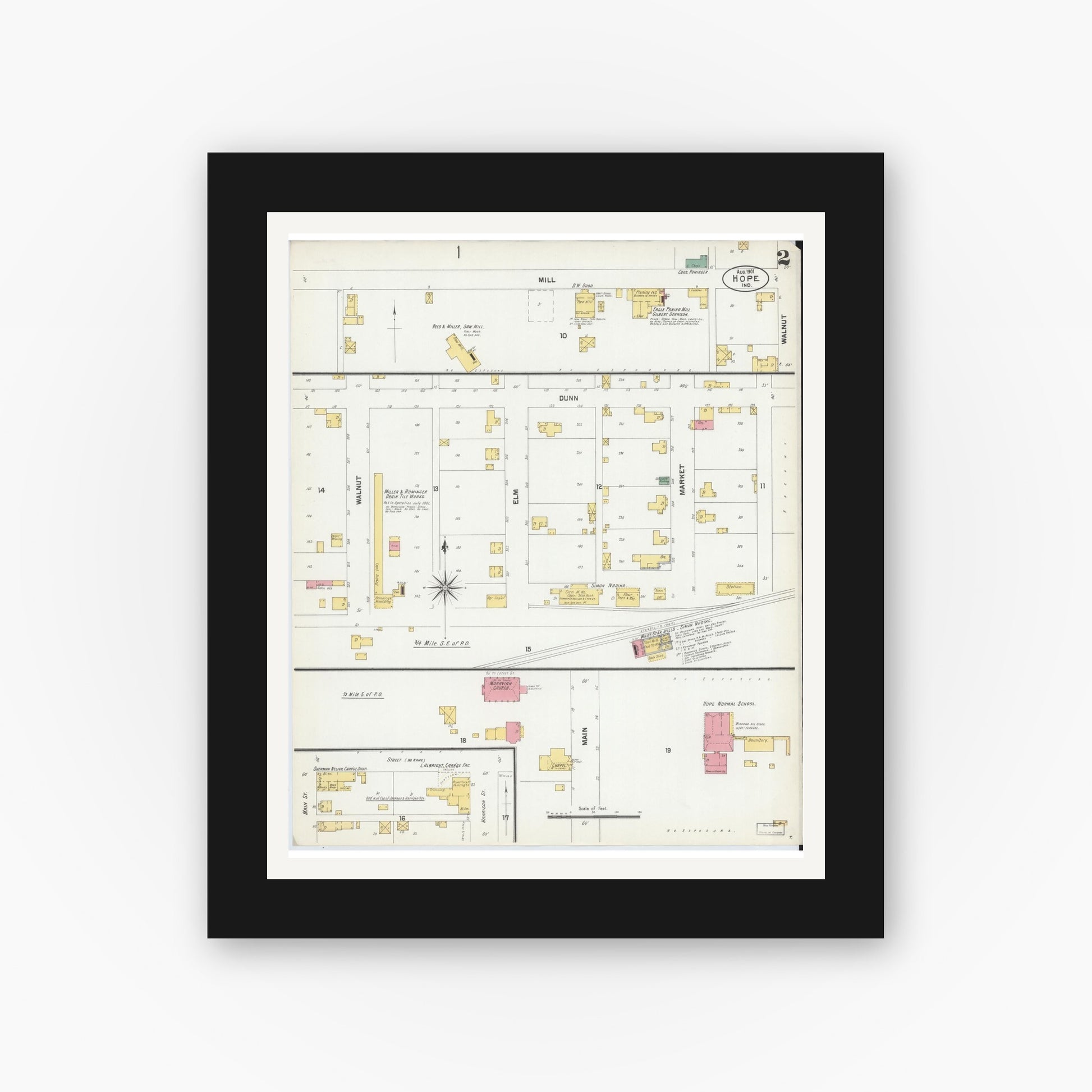Old map wall art mockup — black gallery frame with white mat — Sanborn Fire Insurance Map from Hope, Bartholomew County, Indiana (1901), Sheet #0002