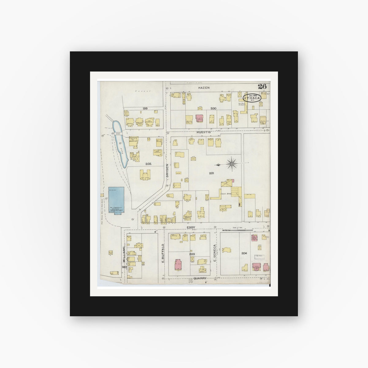 Old map wall art mockup — black gallery frame with white mat — Sanborn Fire Insurance Map from Ithaca, Tompkins County, New York (1893), Sheet #0026