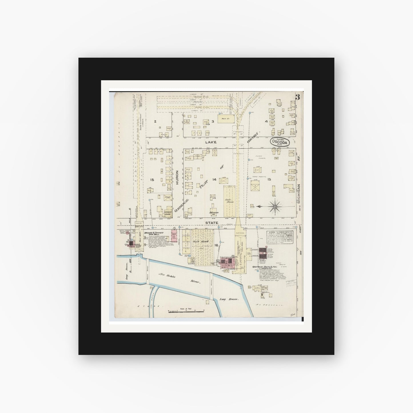 Old map wall art mockup — black gallery frame with white mat — Sanborn Fire Insurance Map from Oscoda, Iosco County, Michigan (1884), Sheet #0003