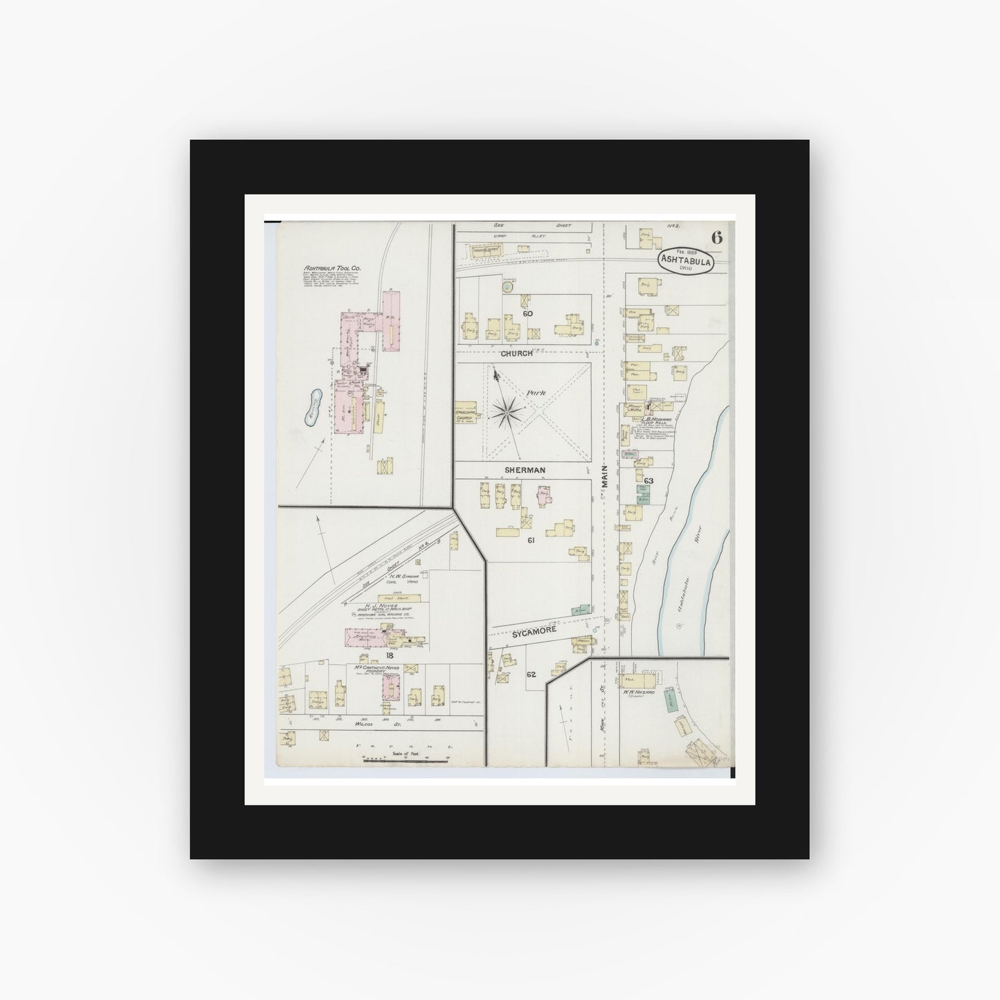 Old map wall art mockup — black gallery frame with white mat — Sanborn Fire Insurance Map from Ashtabula, Ashtabula County, Ohio (1889), Sheet #0006