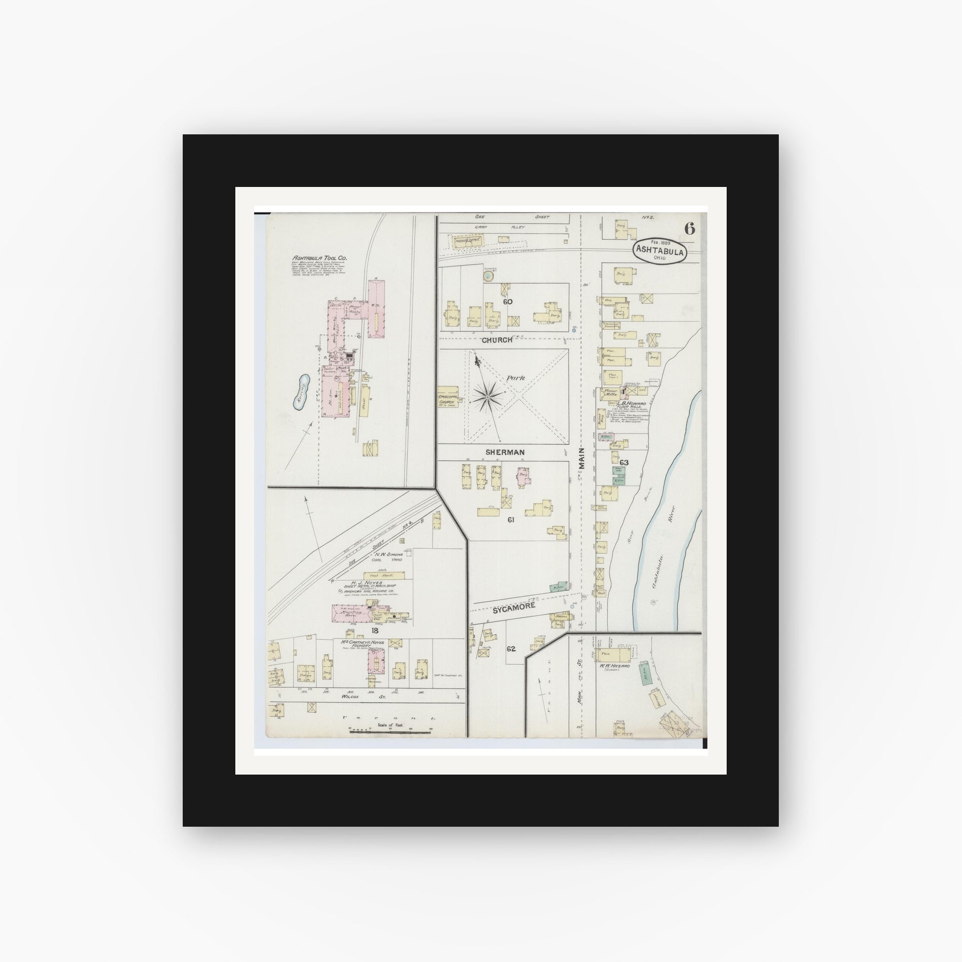 Old map wall art mockup — black gallery frame with white mat — Sanborn Fire Insurance Map from Ashtabula, Ashtabula County, Ohio (1889), Sheet #0006