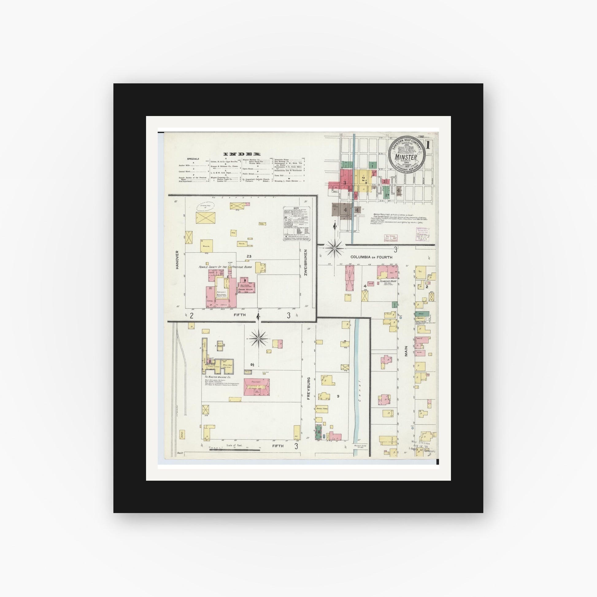 Old map wall art mockup — black gallery frame with white mat — Sanborn Fire Insurance Map from Minster, Auglaize County, Ohio (1907), Sheet #0001