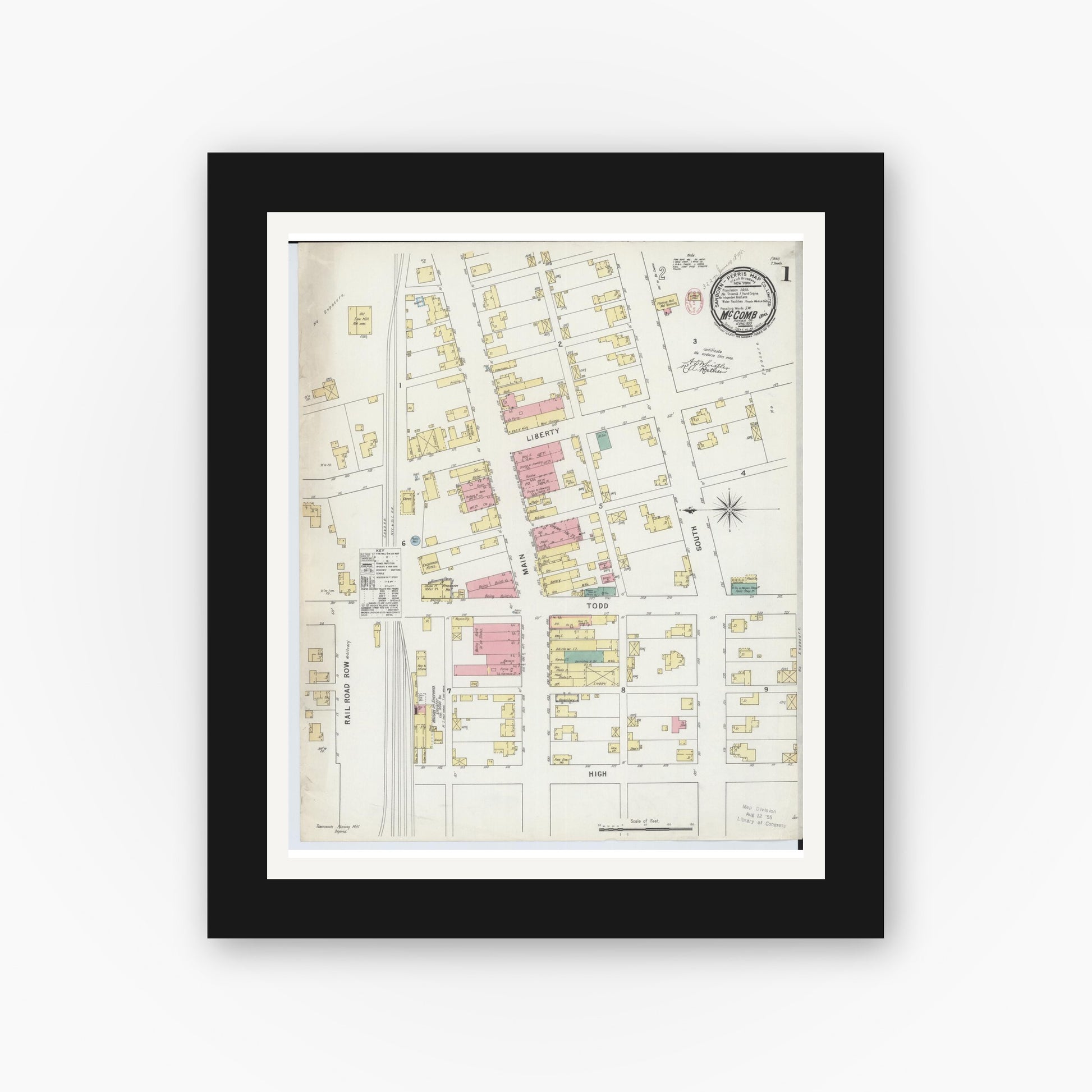 Old map wall art mockup — black gallery frame with white mat — Sanborn Fire Insurance Map from McComb, Hancock County, Ohio (1885), Sheet #0001