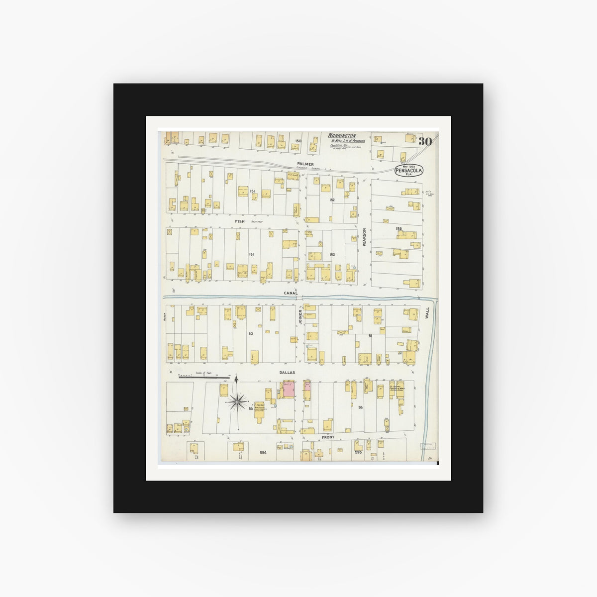 Old map wall art mockup — black gallery frame with white mat — Sanborn Fire Insurance Map from Pensacola, Escambia County, Florida (1903), Sheet #0030