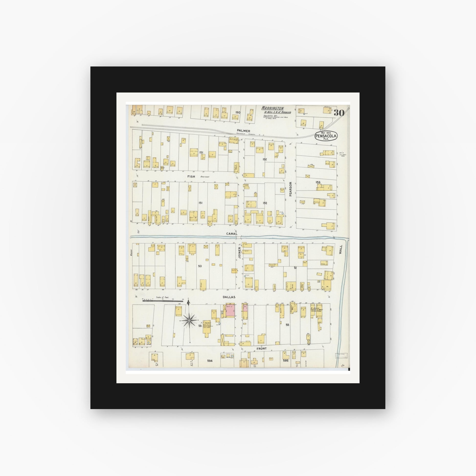 Old map wall art mockup — black gallery frame with white mat — Sanborn Fire Insurance Map from Pensacola, Escambia County, Florida (1903), Sheet #0030