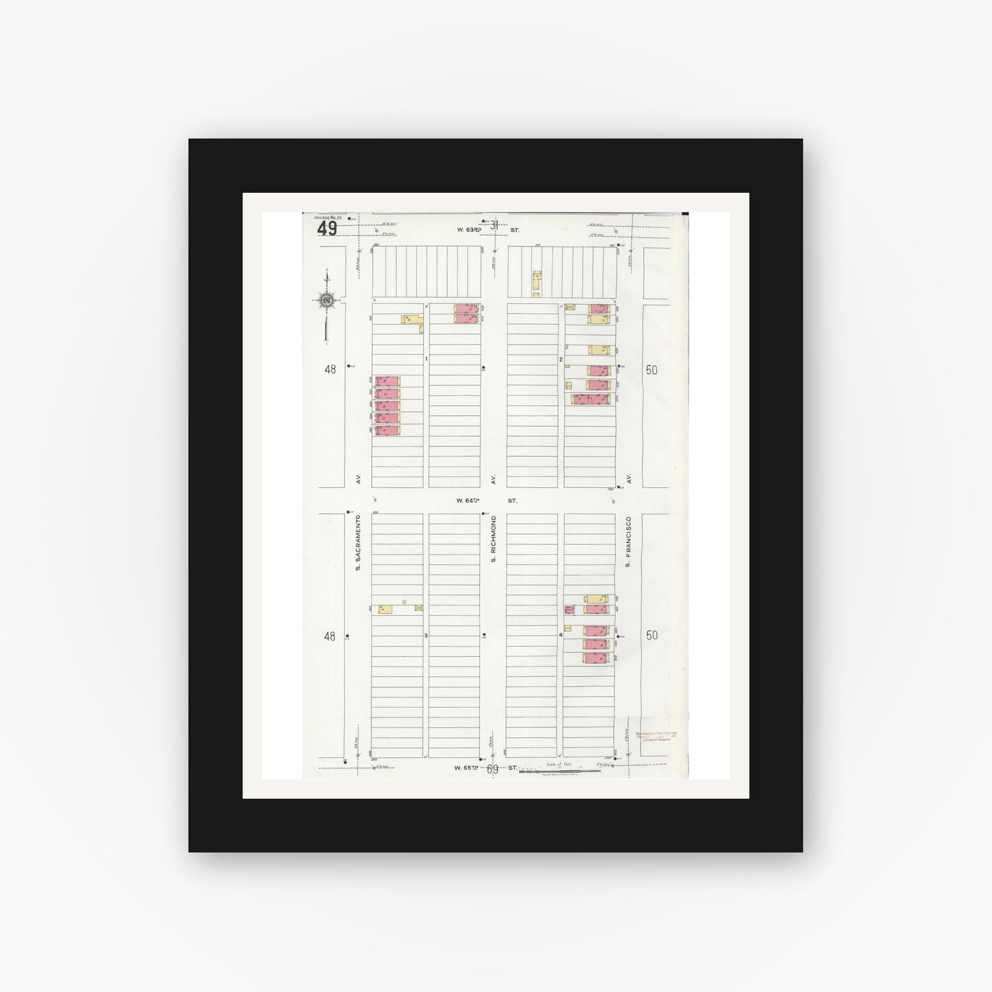 Old map wall art mockup — black gallery frame with white mat — Sanborn Fire Insurance Map from Chicago, Cook County, Illinois (1920), Sheet #0049