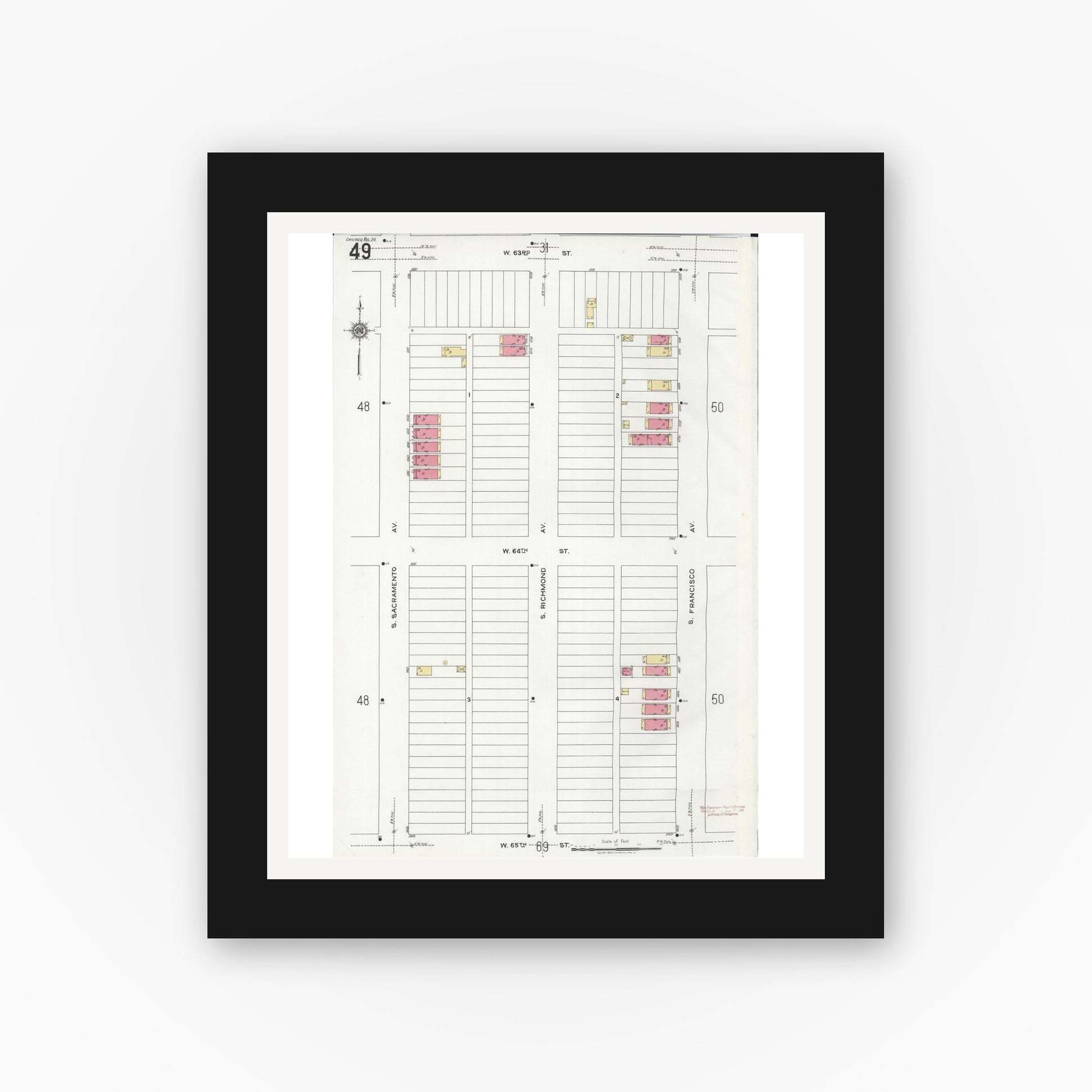 Old map wall art mockup — black gallery frame with white mat — Sanborn Fire Insurance Map from Chicago, Cook County, Illinois (1920), Sheet #0049