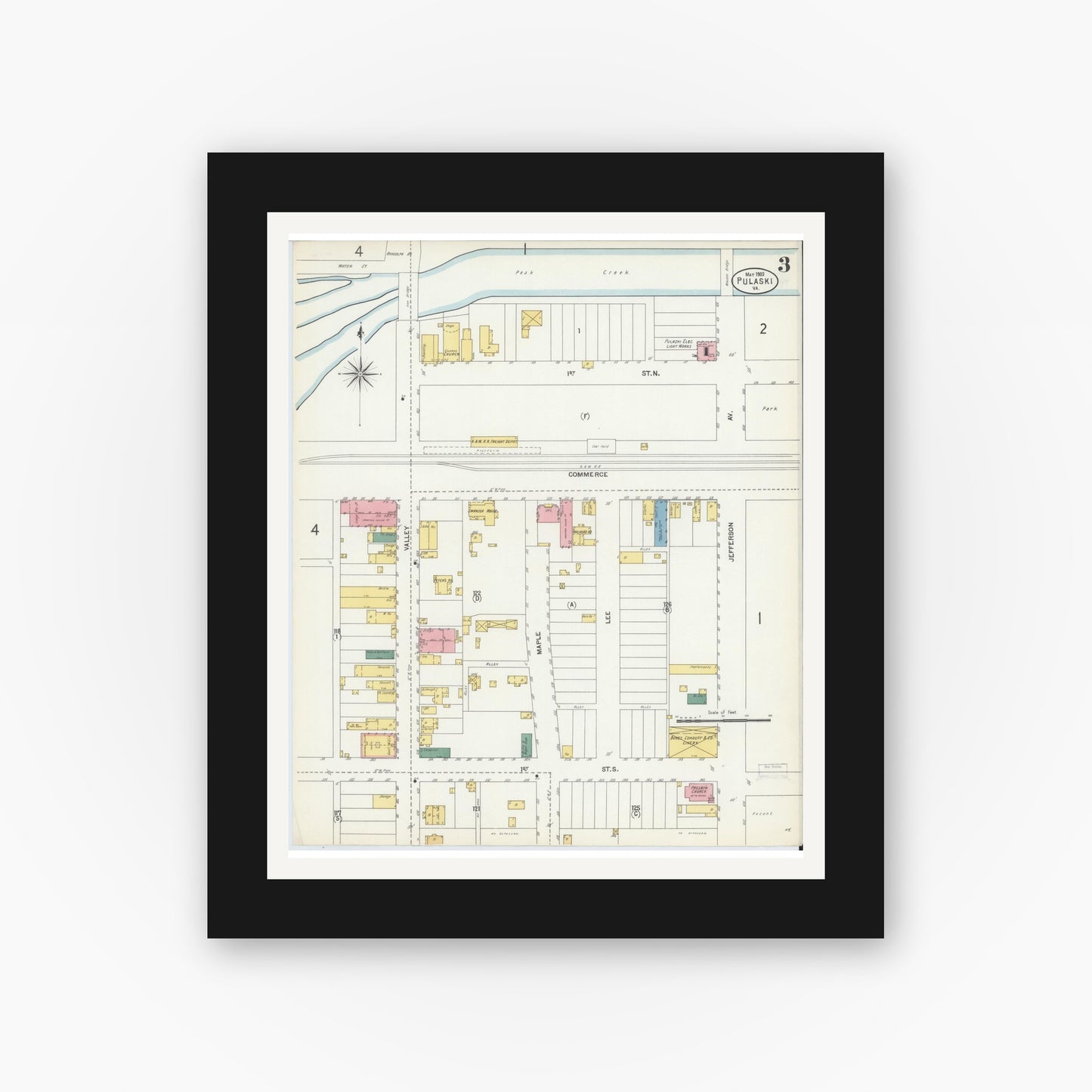 Old map wall art mockup — black gallery frame with white mat — Sanborn Fire Insurance Map from Pulaski, Pulaski County, Virginia (1903), Sheet #0003