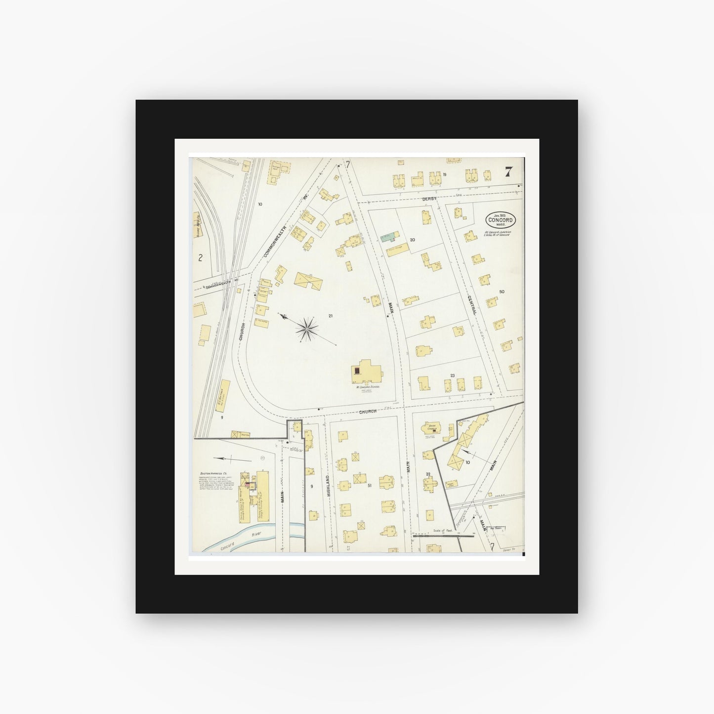 Old map wall art mockup — black gallery frame with white mat — Sanborn Fire Insurance Map from Concord, Middlesex County, Massachusetts (1903), Sheet #0007