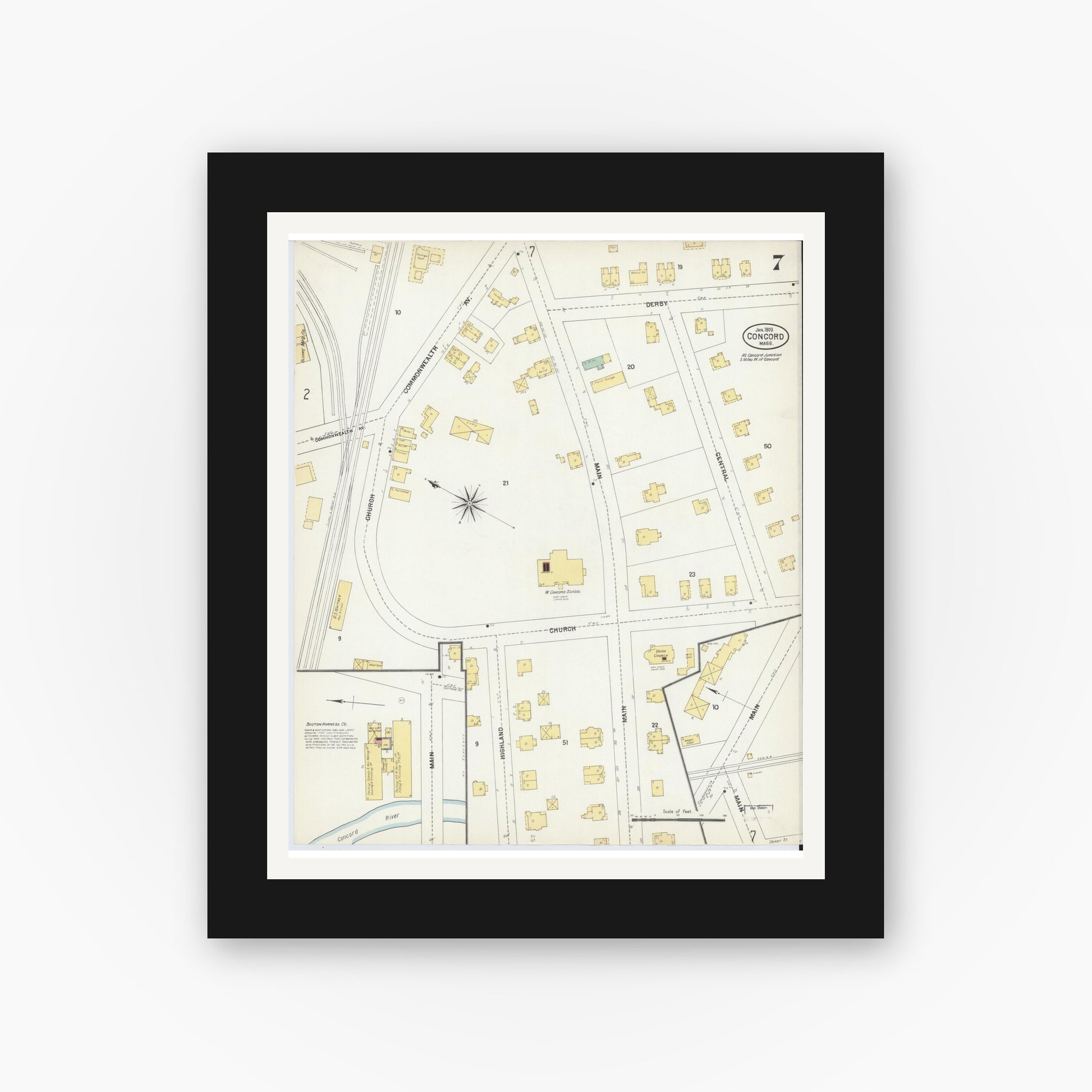 Old map wall art mockup — black gallery frame with white mat — Sanborn Fire Insurance Map from Concord, Middlesex County, Massachusetts (1903), Sheet #0007