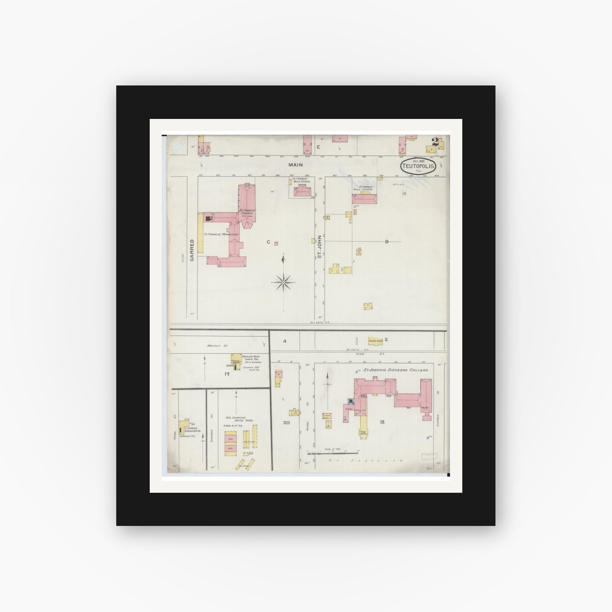Old map wall art mockup — black gallery frame with white mat — Sanborn Fire Insurance Map from Teutopolis, Effingham County, Illinois (1893), Sheet #0002