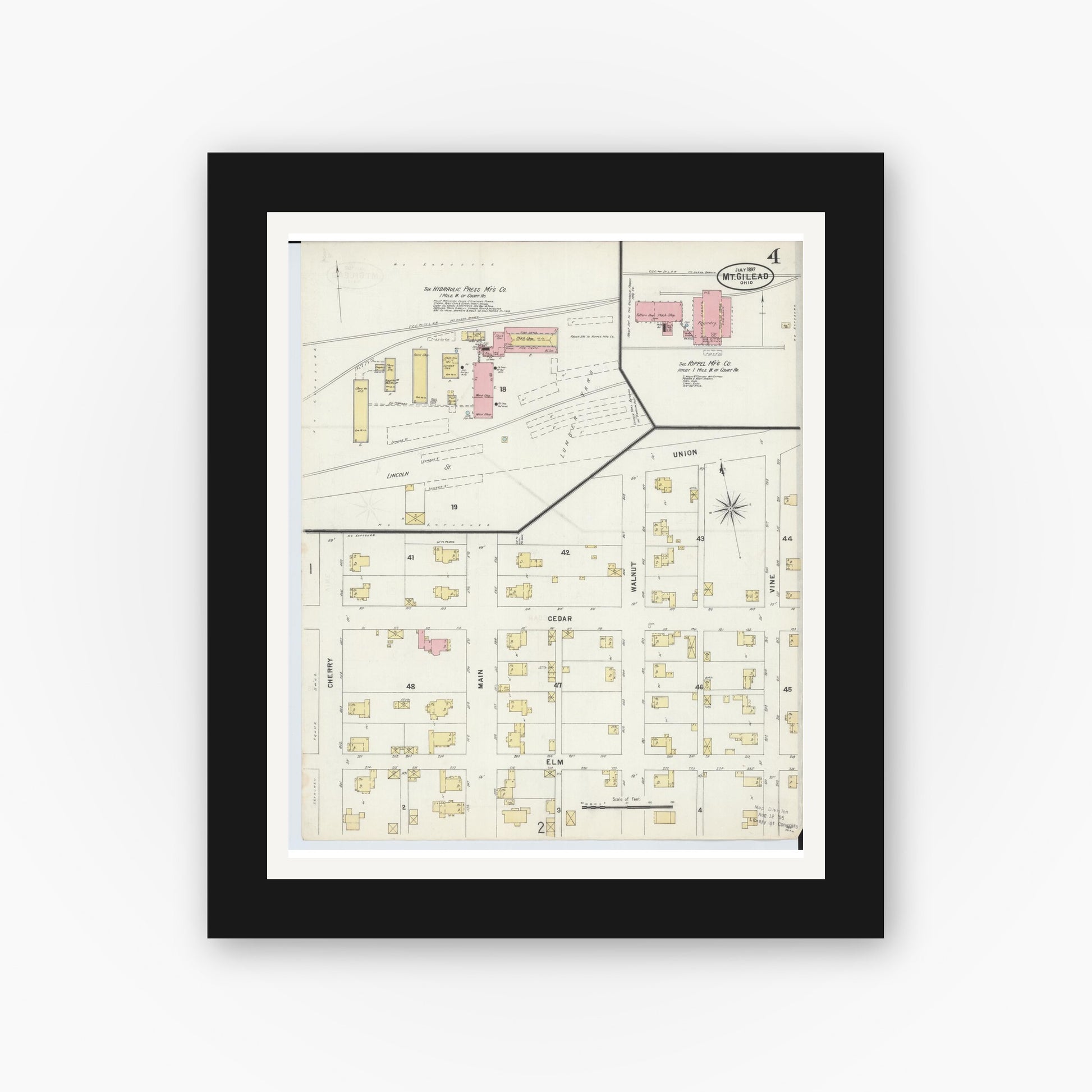 Old map wall art mockup — black gallery frame with white mat — Sanborn Fire Insurance Map from Mount Gilead, Morrow County, Ohio (1897), Sheet #0004