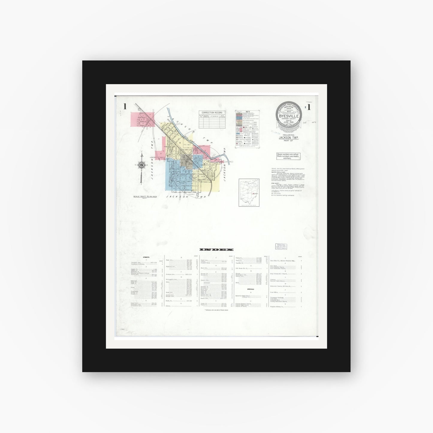 Old map wall art mockup — black gallery frame with white mat — Sanborn Fire Insurance Map from Byesville, Guernsey County, Ohio (1948) - Complete Map Set