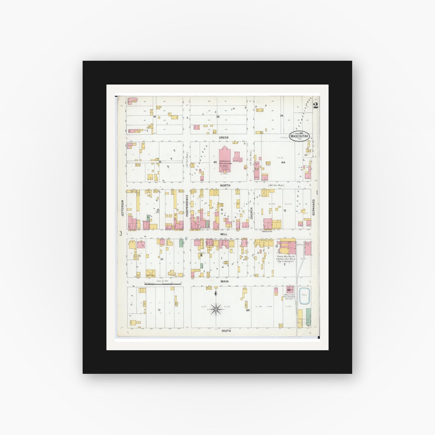 Old map wall art mockup — black gallery frame with white mat — Sanborn Fire Insurance Map from Mascoutah, Saint Clair County, Illinois (1900), Sheet #0002