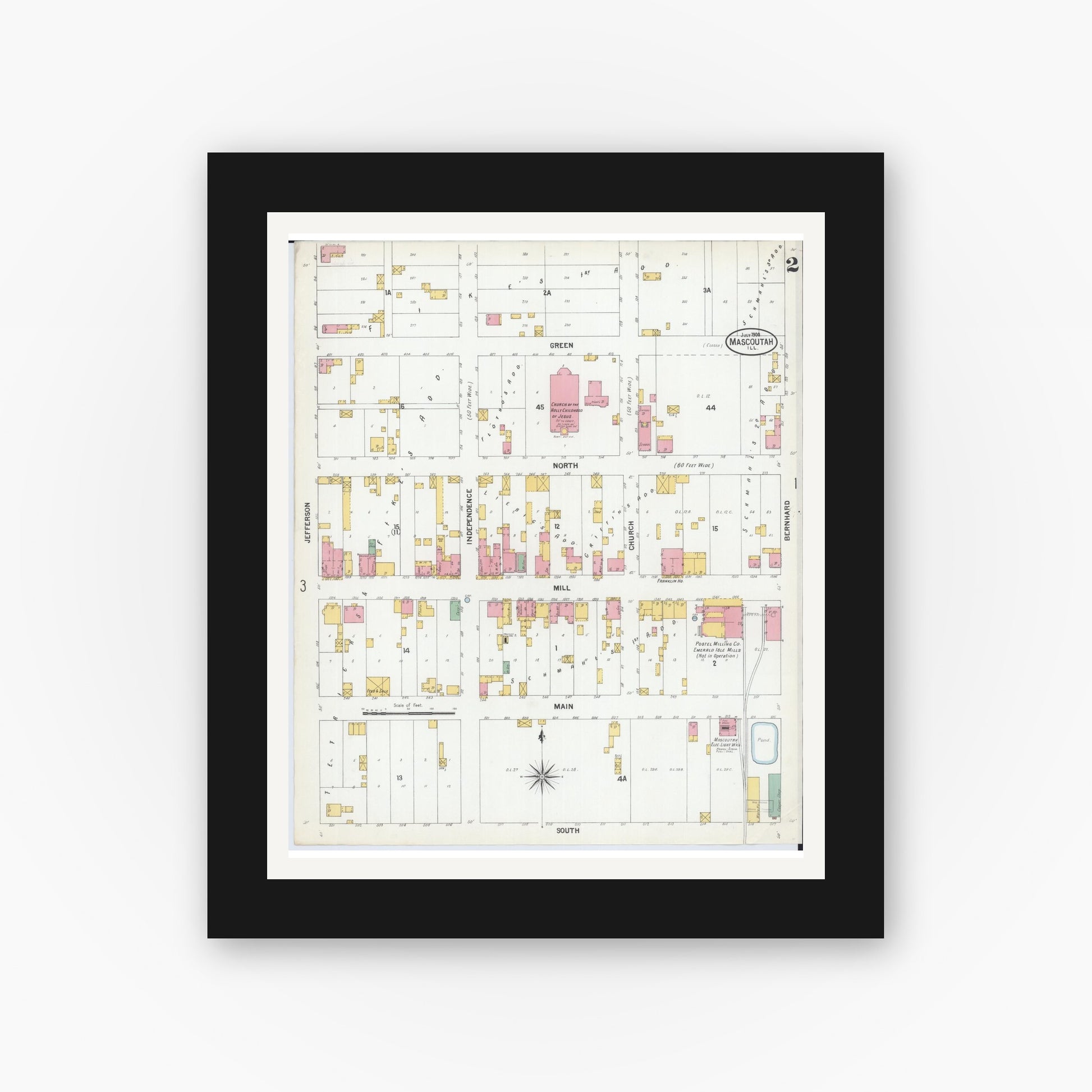 Old map wall art mockup — black gallery frame with white mat — Sanborn Fire Insurance Map from Mascoutah, Saint Clair County, Illinois (1900), Sheet #0002
