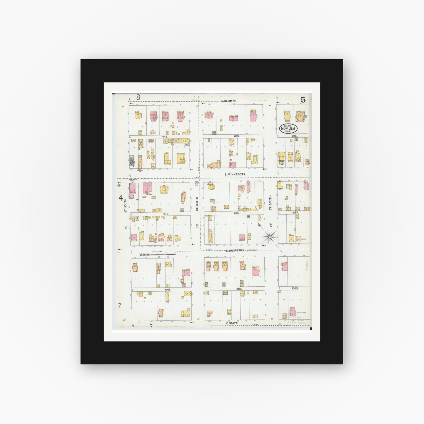 Old map wall art mockup — black gallery frame with white mat — Sanborn Fire Insurance Map from New Ulm, Brown County, Minnesota (1899), Sheet #0005