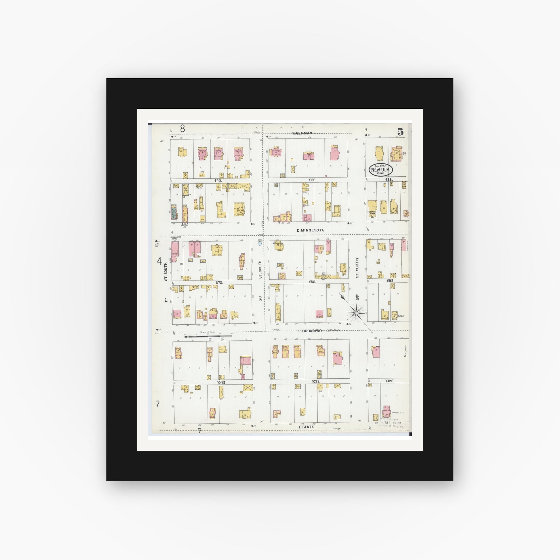Old map wall art mockup — black gallery frame with white mat — Sanborn Fire Insurance Map from New Ulm, Brown County, Minnesota (1899), Sheet #0005