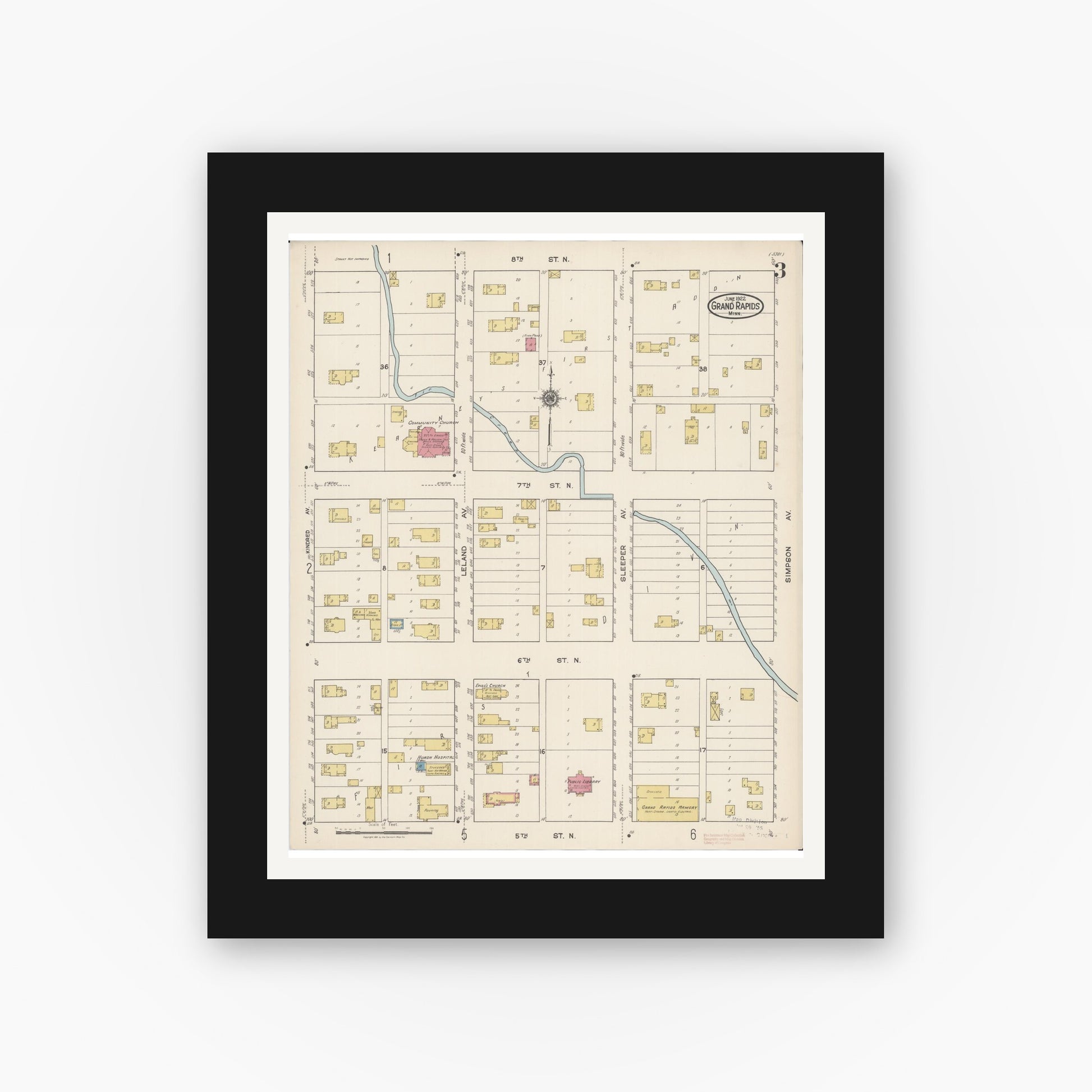 Old map wall art mockup — black gallery frame with white mat — Sanborn Fire Insurance Map from Grand Rapids, Itasca County, Minnesota (1922), Sheet #0003