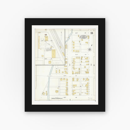 Old map wall art mockup — black gallery frame with white mat — Sanborn Fire Insurance Map from Texarkana, Bowie County, Texas (1905), Sheet #0015