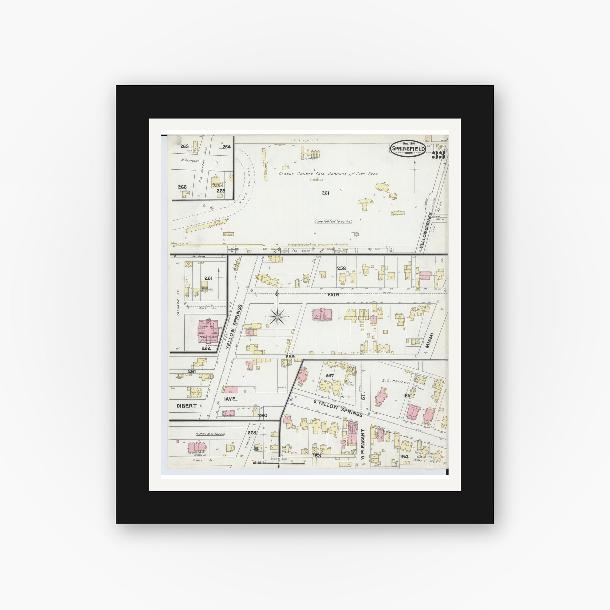 Old map wall art mockup — black gallery frame with white mat — Sanborn Fire Insurance Map from Springfield, Clark County, Ohio (1891), Sheet #0033