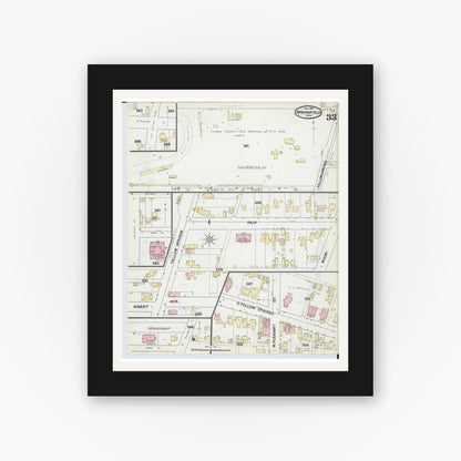 Old map wall art mockup — black gallery frame with white mat — Sanborn Fire Insurance Map from Springfield, Clark County, Ohio (1891), Sheet #0033