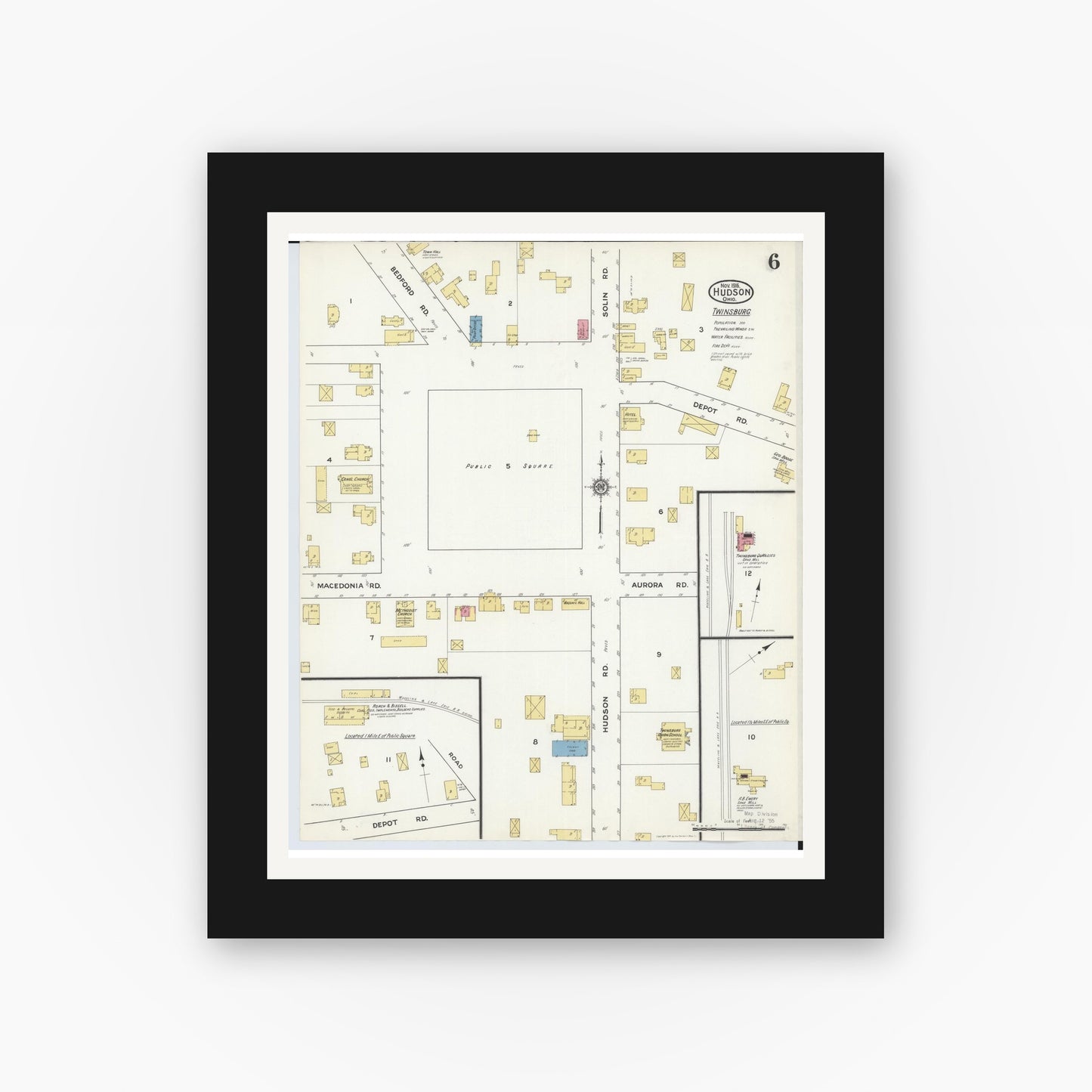 Old map wall art mockup — black gallery frame with white mat — Sanborn Fire Insurance Map from Hudson, Summit County, Ohio (1916), Sheet #0006